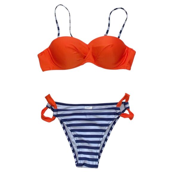 2-Piece Bathing Suit Padded Push-Up Bandeau Bikini Swimsuit Blue Orange Sz Small - Picture 3 of 7